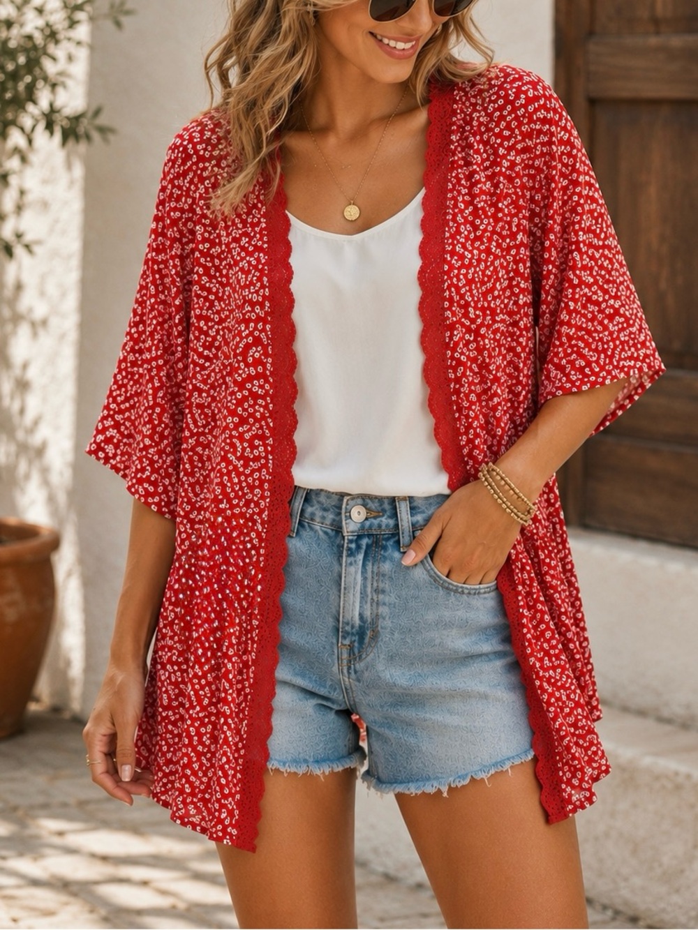 Coco + Carmen Red Floral Open-Front Tunic with Lace Trim